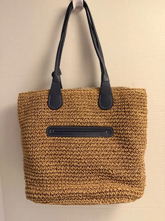 Brighton Lena Straw Tote Blue Leather Trim | Interlok Knot Charm Coastal Chic - Picture 8 of 10